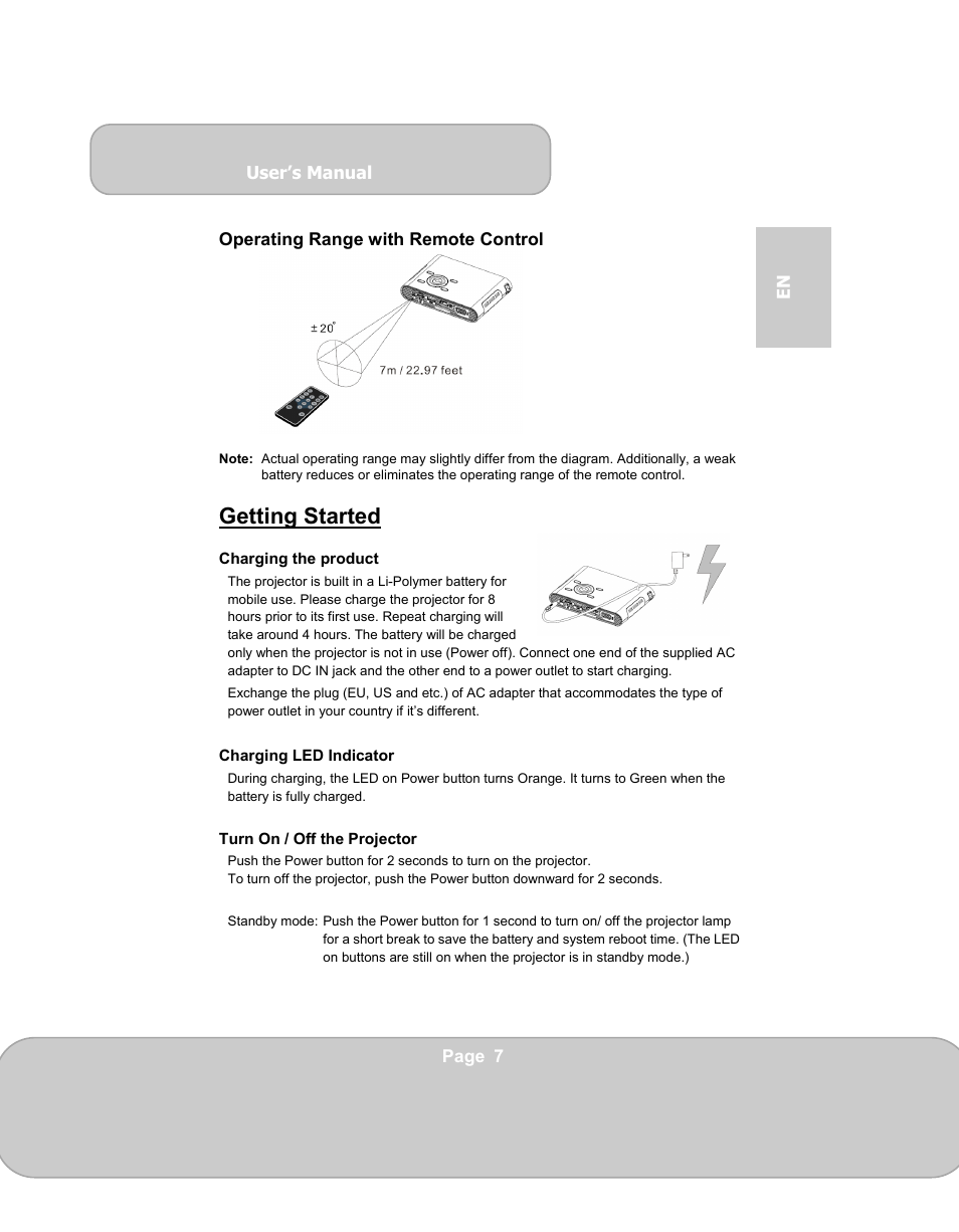 Getting started | AIPTEK PocketCinema N100 User Manual | Page 7 / 70