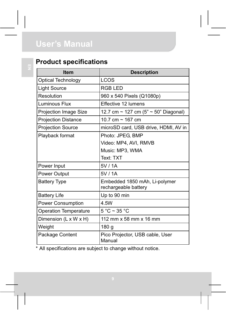 User’s manual, Product specifications | AIPTEK MobileCinema Q20 User Manual | Page 14 / 71