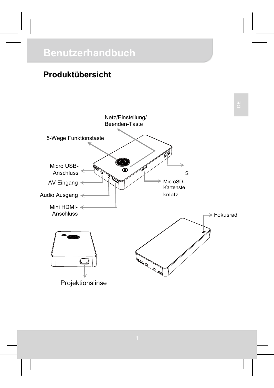 Benutzerhandbuch, Produktübersicht | AIPTEK MobileCinema Q20 User Manual | Page 15 / 71