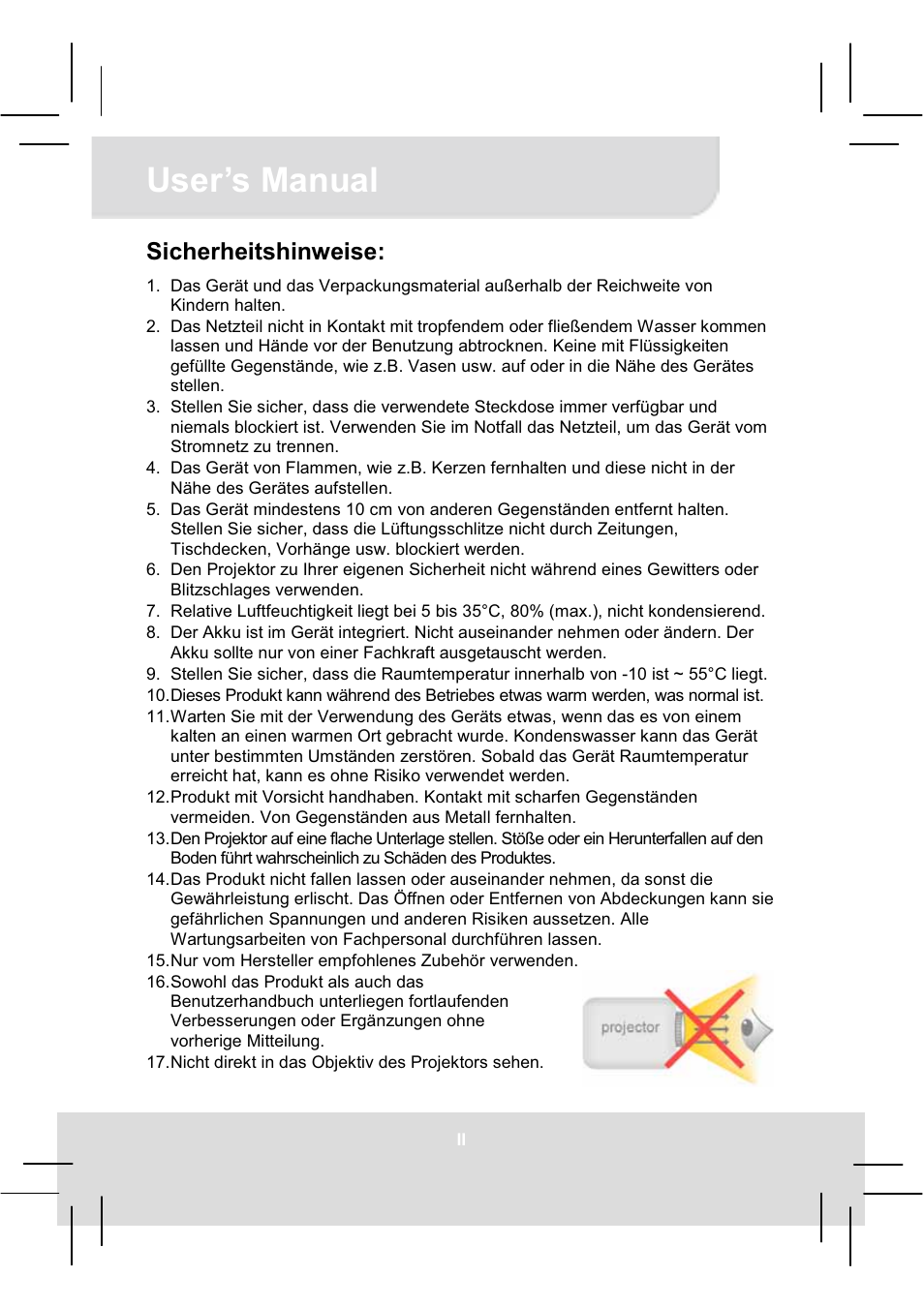 User’s manual, Sicherheitshinweise | AIPTEK MobileCinema Q20 User Manual | Page 2 / 71