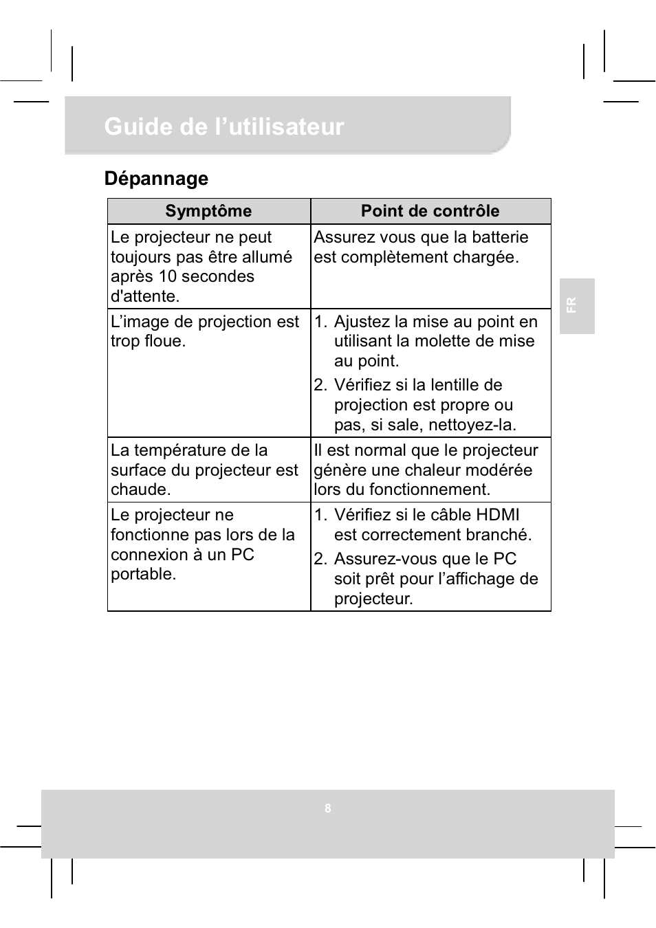 Guide de l’utilisateur, Dépannage | AIPTEK MobileCinema Q20 User Manual | Page 31 / 71