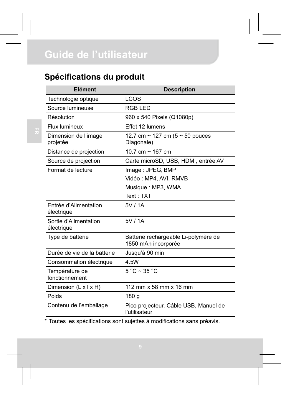 Guide de l’utilisateur, Spécifications du produit | AIPTEK MobileCinema Q20 User Manual | Page 32 / 71