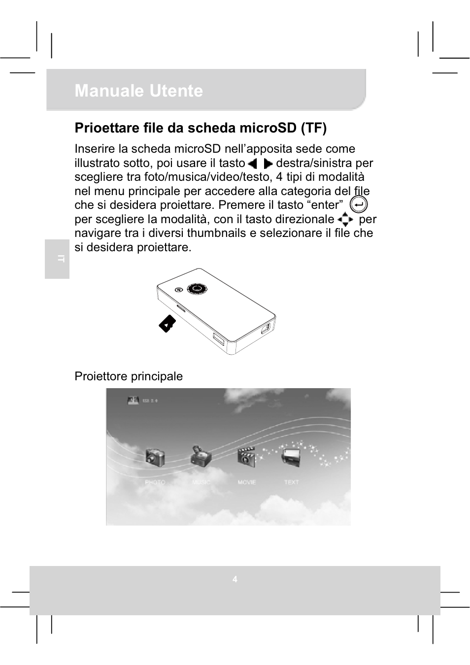 Manuale utente, Prioettare file da scheda microsd (tf) | AIPTEK MobileCinema Q20 User Manual | Page 36 / 71