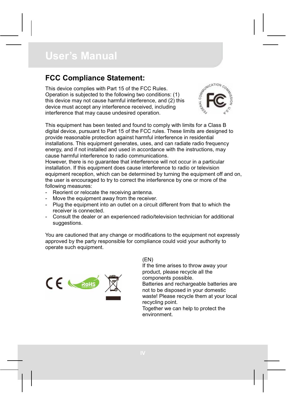 User’s manual, Fcc compliance statement | AIPTEK MobileCinema Q20 User Manual | Page 4 / 71