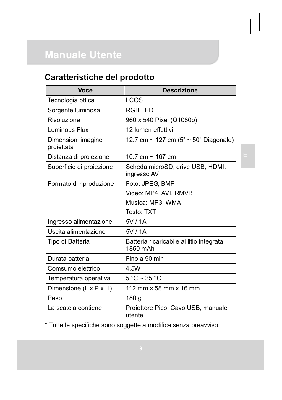 Manuale utente, Caratteristiche del prodotto | AIPTEK MobileCinema Q20 User Manual | Page 41 / 71