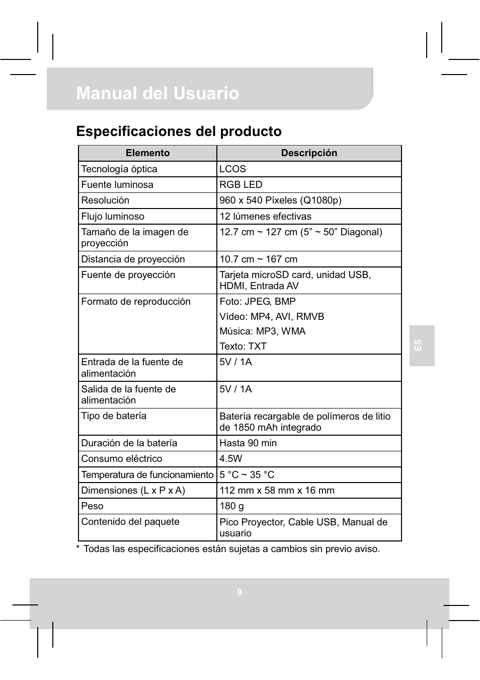 Manual del usuario, Especificaciones del producto | AIPTEK MobileCinema Q20 User Manual | Page 59 / 71