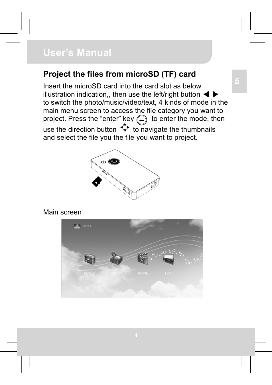User’s manual, Project the files from microsd (tf) card | AIPTEK MobileCinema Q20 User Manual | Page 9 / 71
