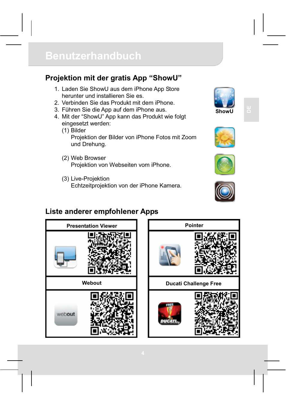 Benutzerhandbuch, Projektion mit der gratis app “showu, Liste anderer empfohlener apps | AIPTEK MobileCinema i20 User Manual | Page 15 / 65