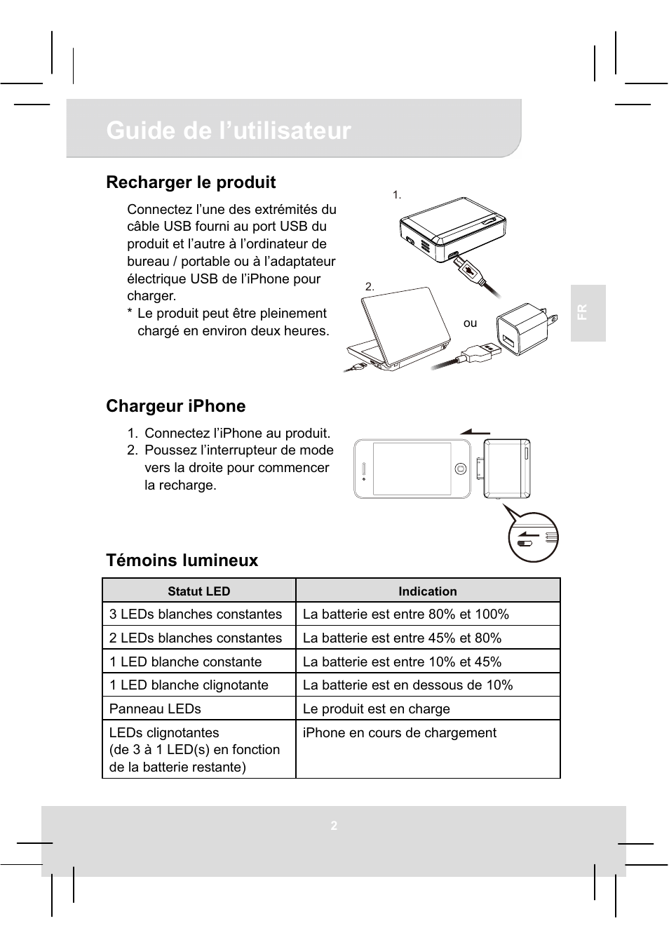 Guide de l’utilisateur, Recharger le produit, Chargeur iphone | Témoins lumineux | AIPTEK MobileCinema i20 User Manual | Page 19 / 65