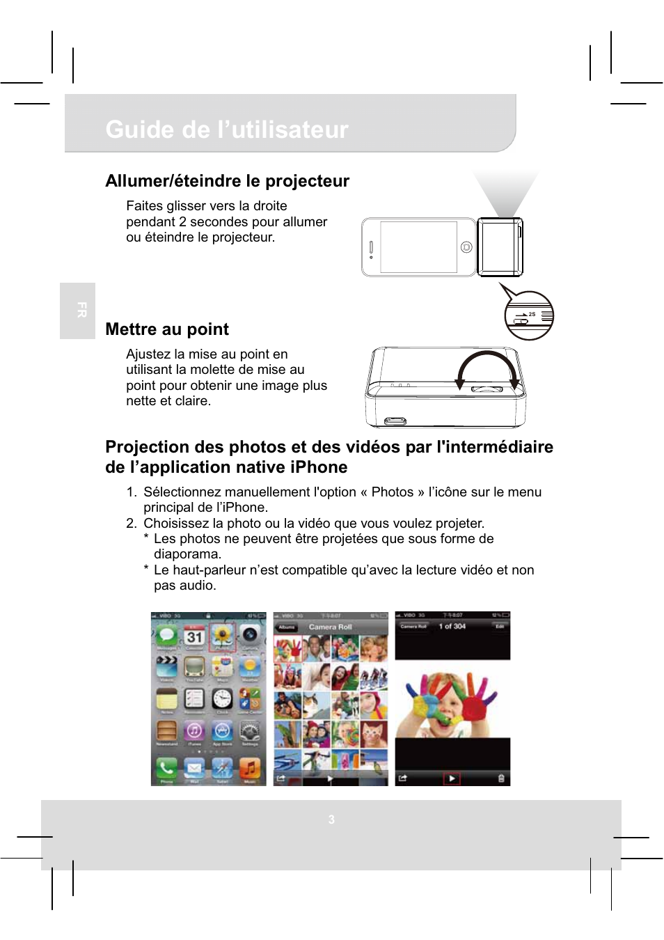 Guide de l’utilisateur, Allumer/éteindre le projecteur, Mettre au point | AIPTEK MobileCinema i20 User Manual | Page 20 / 65