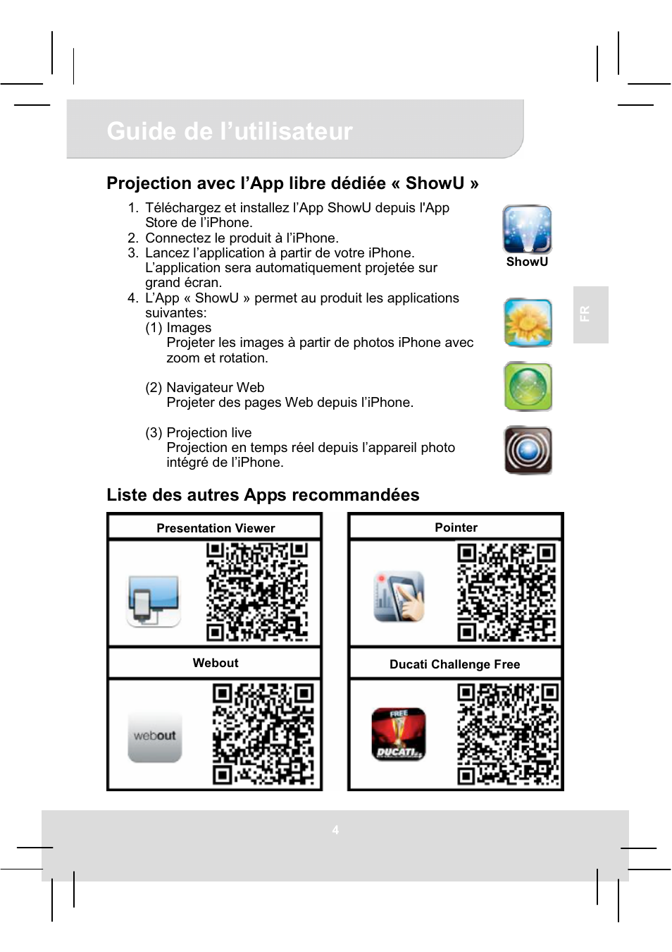 Guide de l’utilisateur, Projection avec l’app libre dédiée « showu, Liste des autres apps recommandées | AIPTEK MobileCinema i20 User Manual | Page 21 / 65