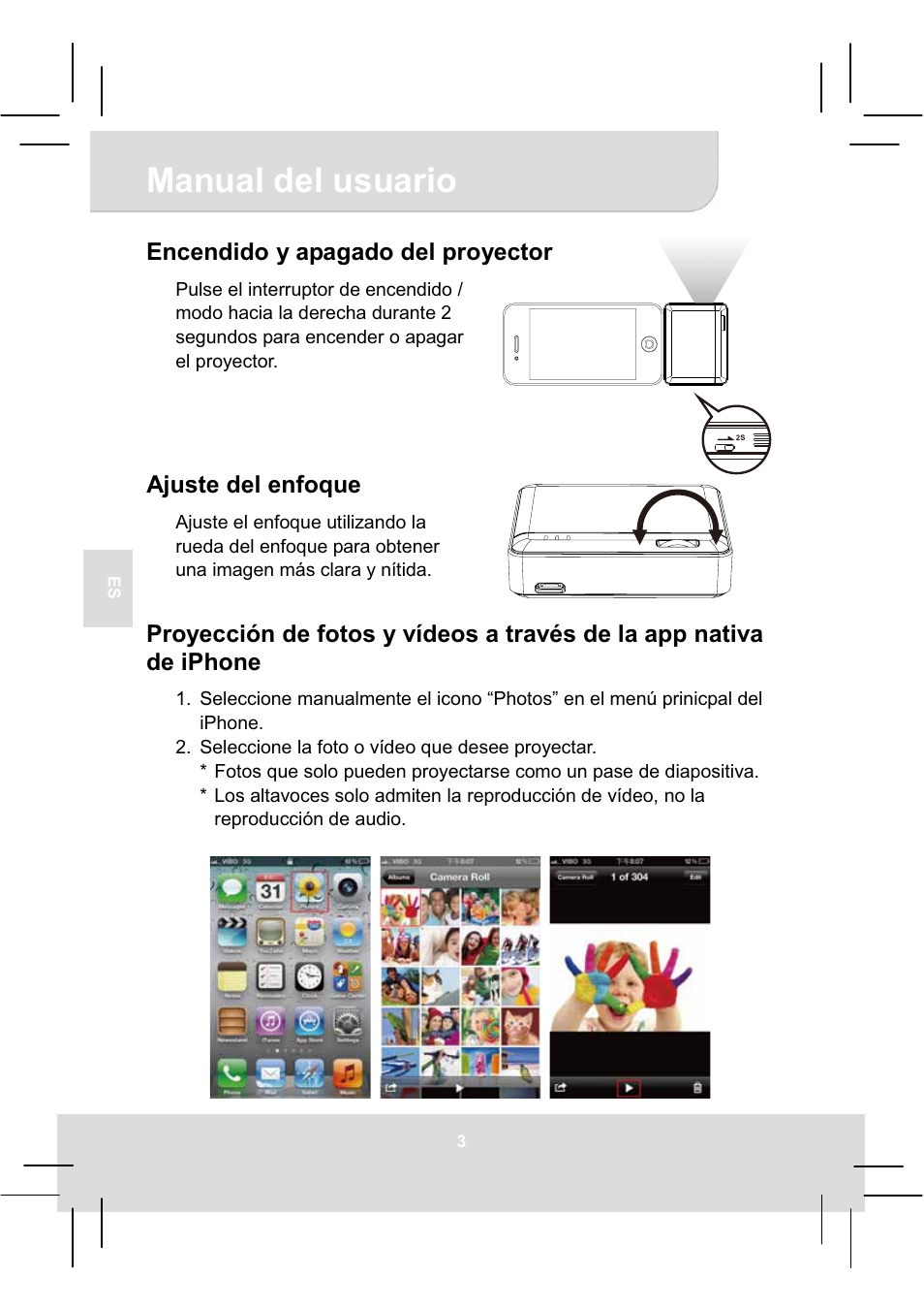 Manual del usuario, Encendido y apagado del proyector, Ajuste del enfoque | AIPTEK MobileCinema i20 User Manual | Page 32 / 65