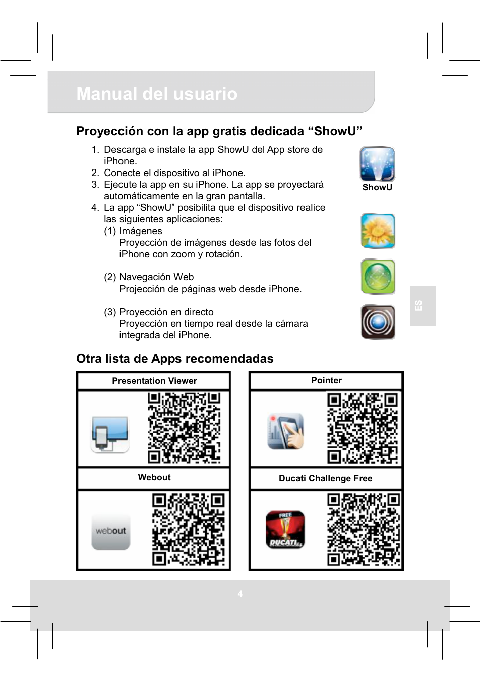 Manual del usuario, Proyección con la app gratis dedicada “showu, Otra lista de apps recomendadas | AIPTEK MobileCinema i20 User Manual | Page 33 / 65