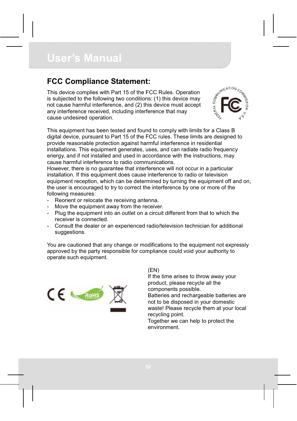 User’s manual, Fcc compliance statement | AIPTEK MobileCinema i20 User Manual | Page 4 / 65