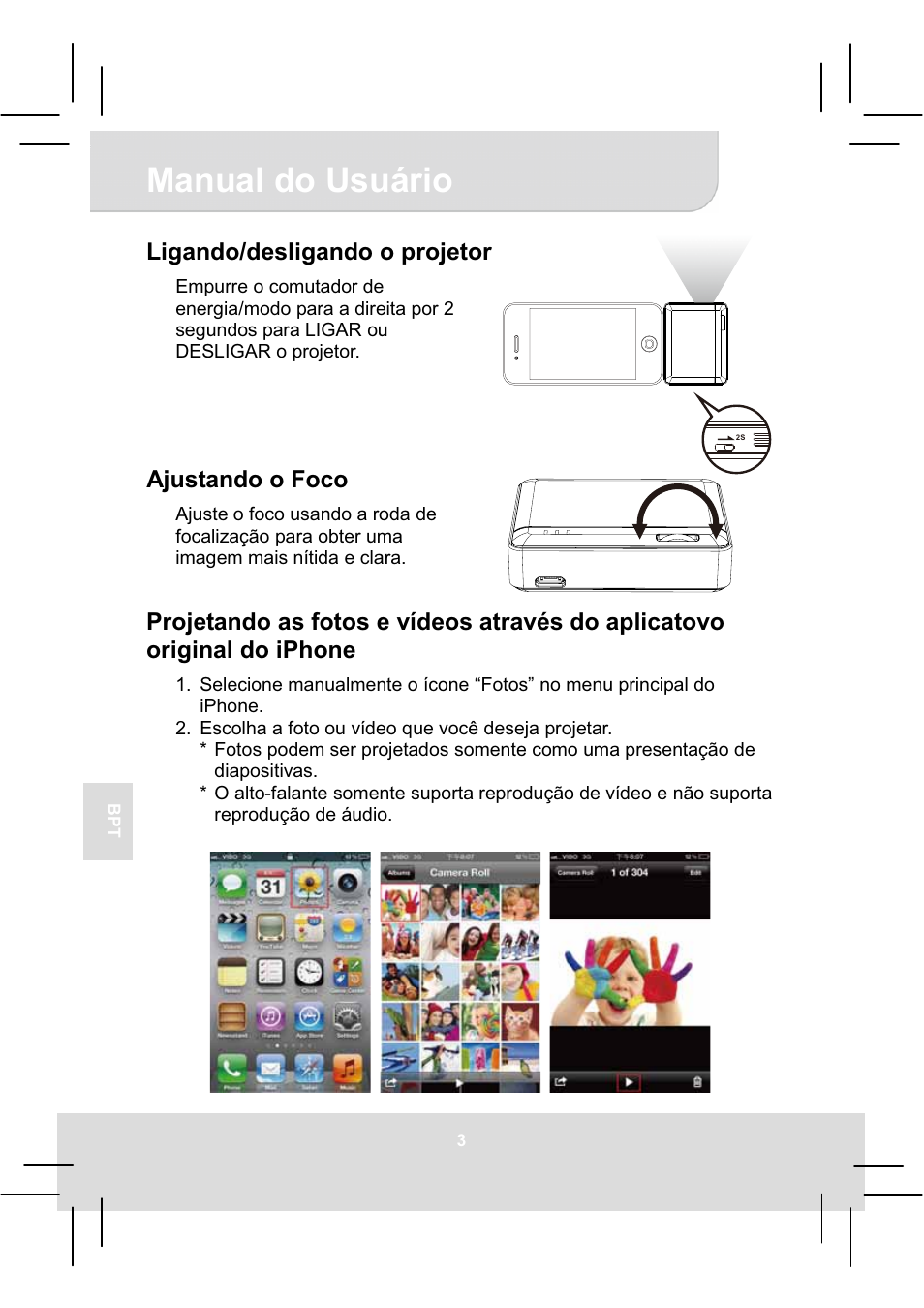 Manual do usuário, Ligando/desligando o projetor, Ajustando o foco | AIPTEK MobileCinema i20 User Manual | Page 50 / 65