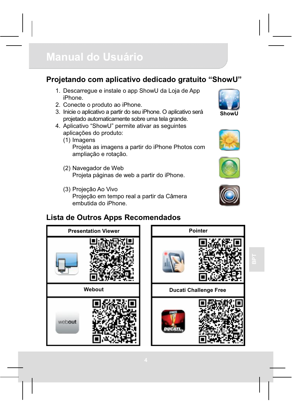 Manual do usuário, Projetando com aplicativo dedicado gratuito “showu, Lista de outros apps recomendados | AIPTEK MobileCinema i20 User Manual | Page 51 / 65