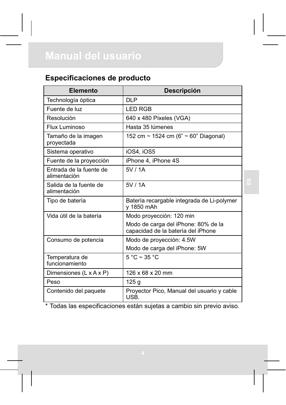 Manual del usuario, Especificaciones de producto | AIPTEK MobileCinema i50S User Manual | Page 29 / 65