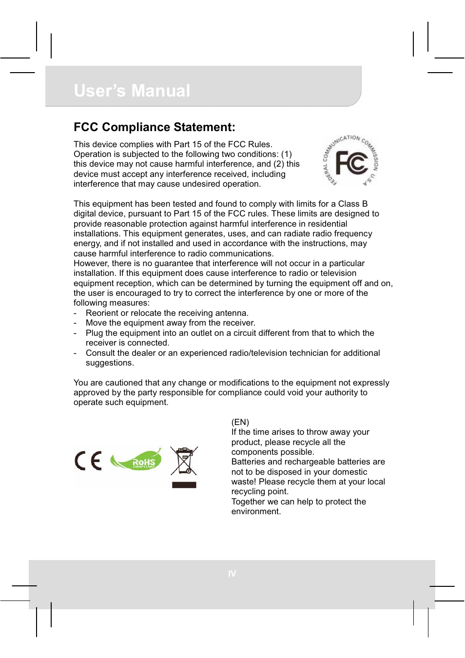 User’s manual, Fcc compliance statement | AIPTEK MobileCinema i50S User Manual | Page 4 / 65