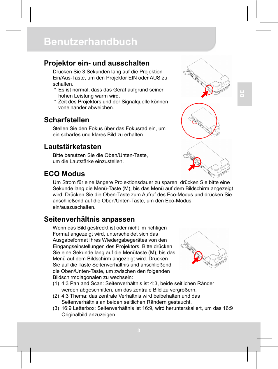 Benutzerhandbuch, Projektor ein- und ausschalten, Scharfstellen | Lautstärketasten, Eco modus, Seitenverhältnis anpassen | AIPTEK MobileCinema i55 User Manual | Page 16 / 83