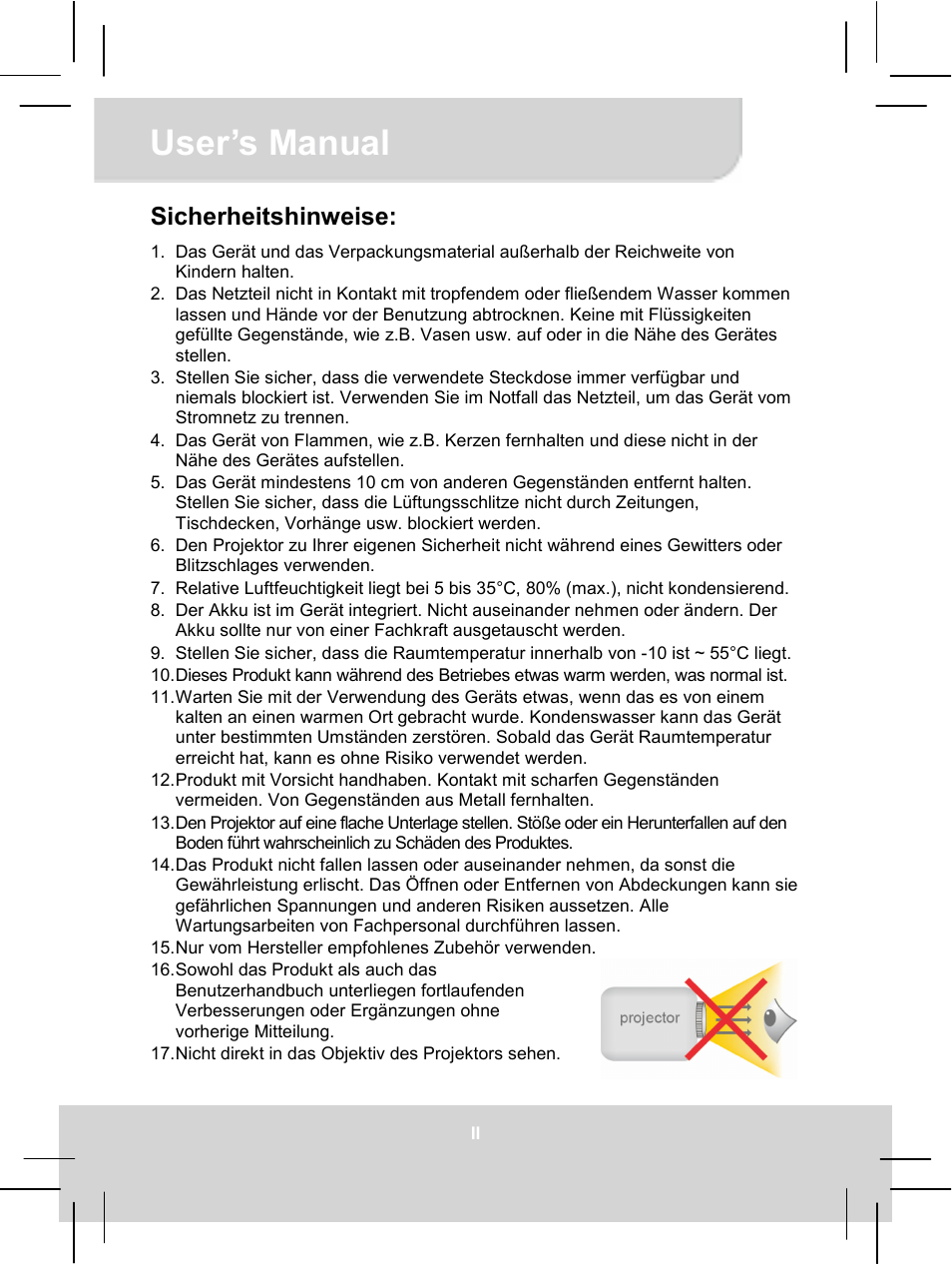 User’s manual, Sicherheitshinweise | AIPTEK MobileCinema i55 User Manual | Page 2 / 83