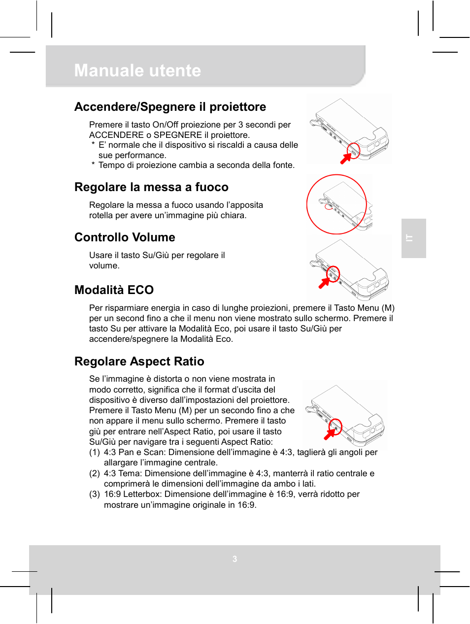 Manuale utente, Accendere/spegnere il proiettore, Regolare la messa a fuoco | Controllo volume, Modalità eco, Regolare aspect ratio | AIPTEK MobileCinema i55 User Manual | Page 30 / 83