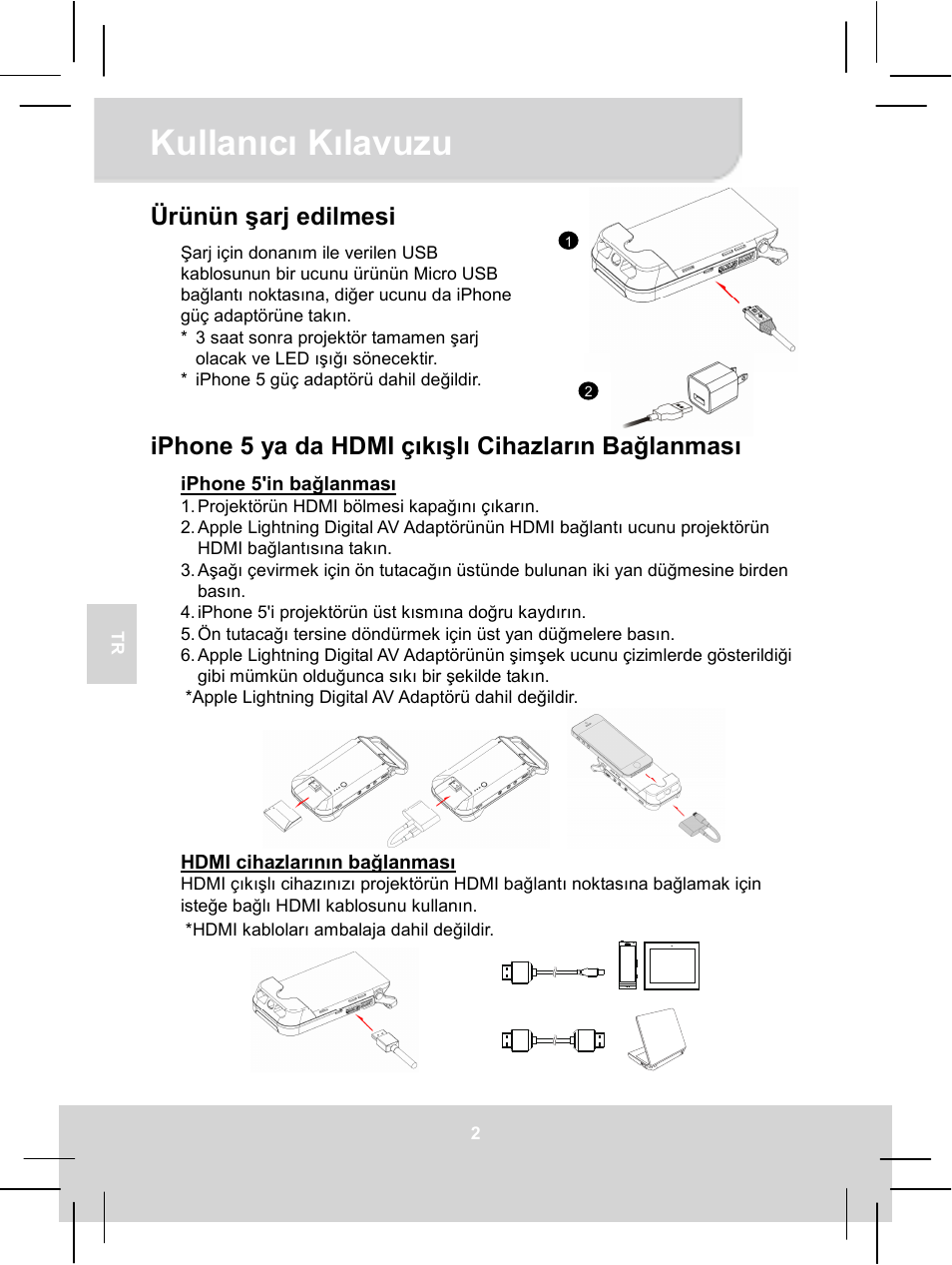 Kullanıcı kılavuzu, Ürünün şarj edilmesi, Iphone 5 ya da hdmi çıkışlı cihazların bağlanması | AIPTEK MobileCinema i55 User Manual | Page 43 / 83