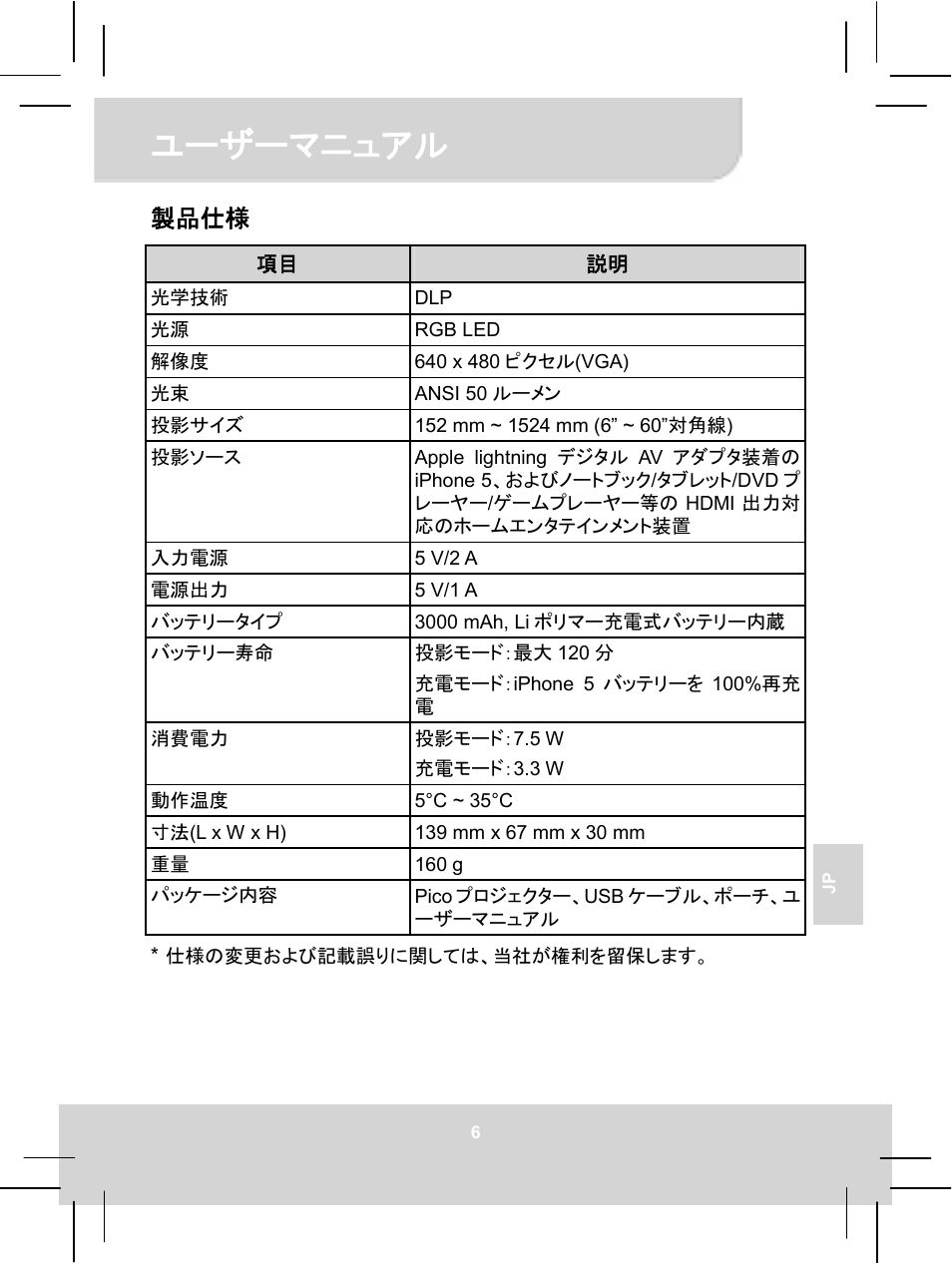 ユーザーマニュアル, 製品仕様 | AIPTEK MobileCinema i55 User Manual | Page 68 / 83