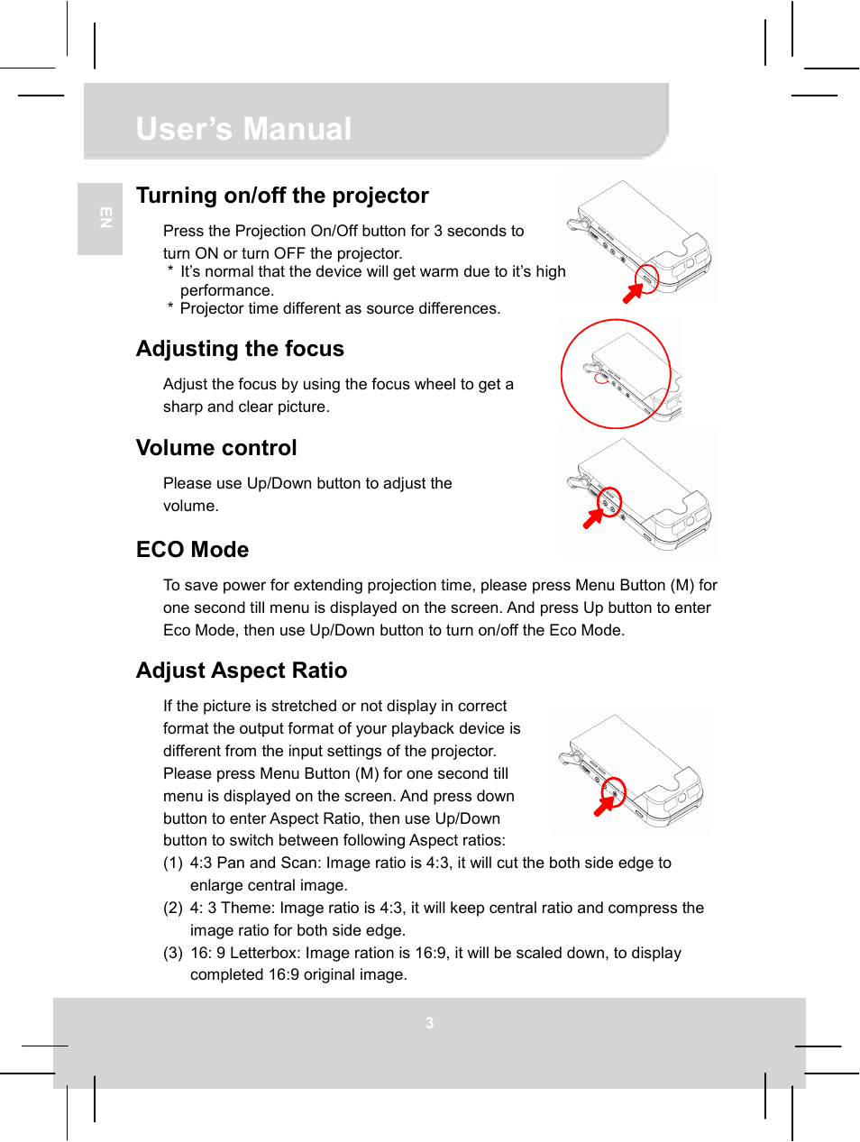 User’s manual, Turning on/off the projector, Adjusting the focus | Volume control, Eco mode, Adjust aspect ratio | AIPTEK MobileCinema i55 User Manual | Page 9 / 83