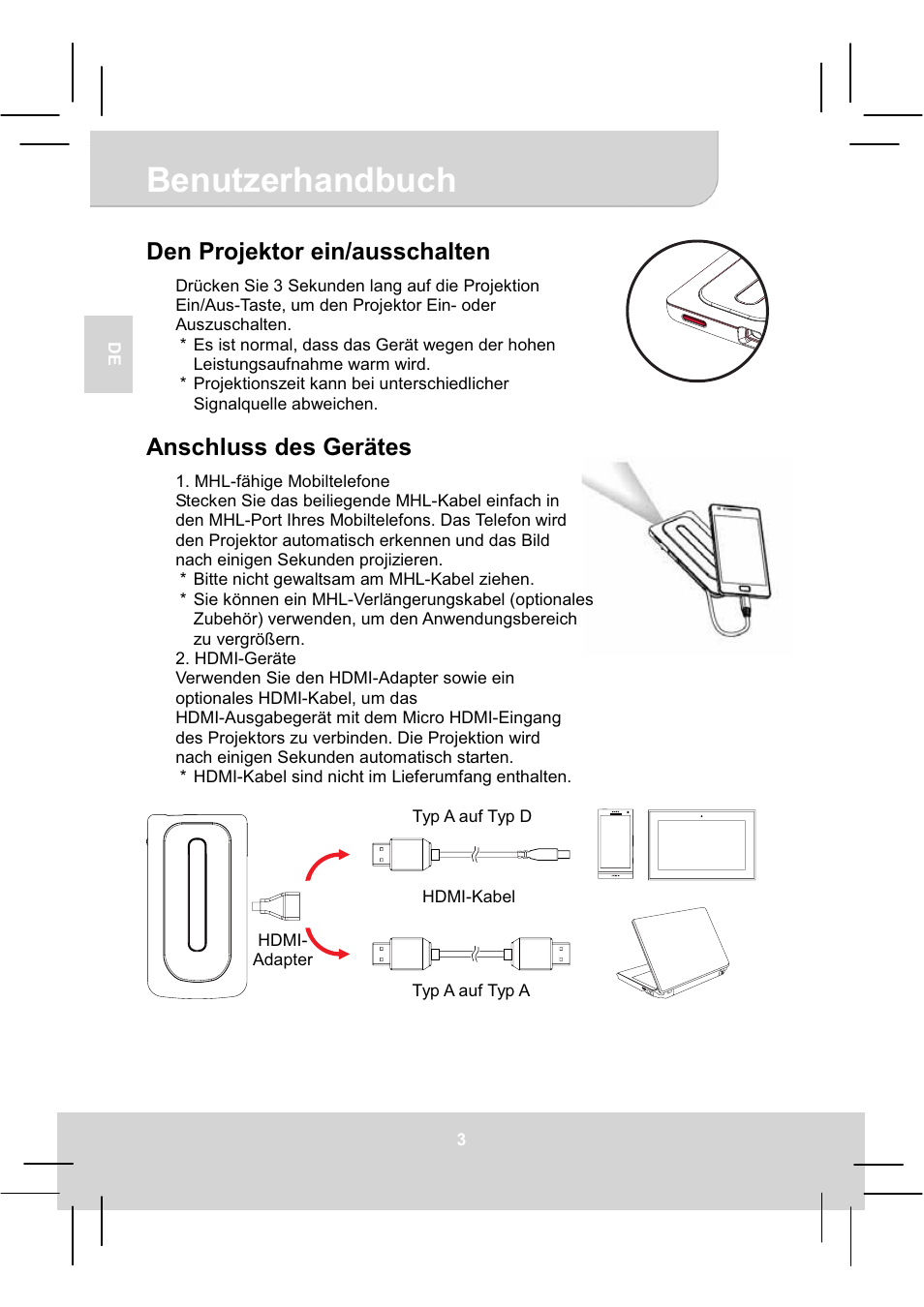 Benutzerhandbuch, Den projektor ein/ausschalten, Anschluss des gerätes | AIPTEK MobileCinema A50P User Manual | Page 17 / 102