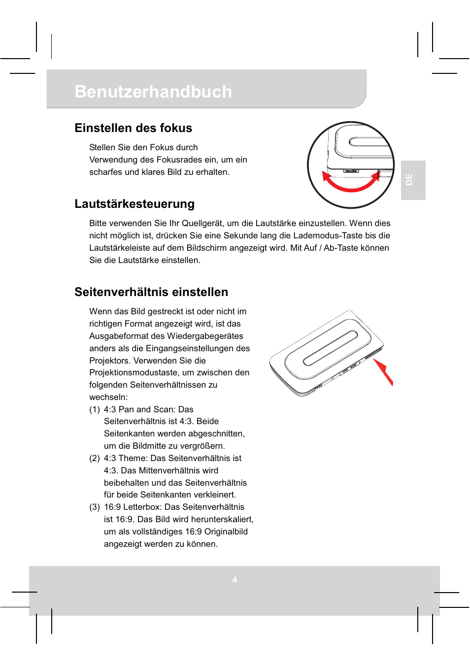 Benutzerhandbuch, Einstellen des fokus, Lautstärkesteuerung | Seitenverhältnis einstellen | AIPTEK MobileCinema A50P User Manual | Page 18 / 102