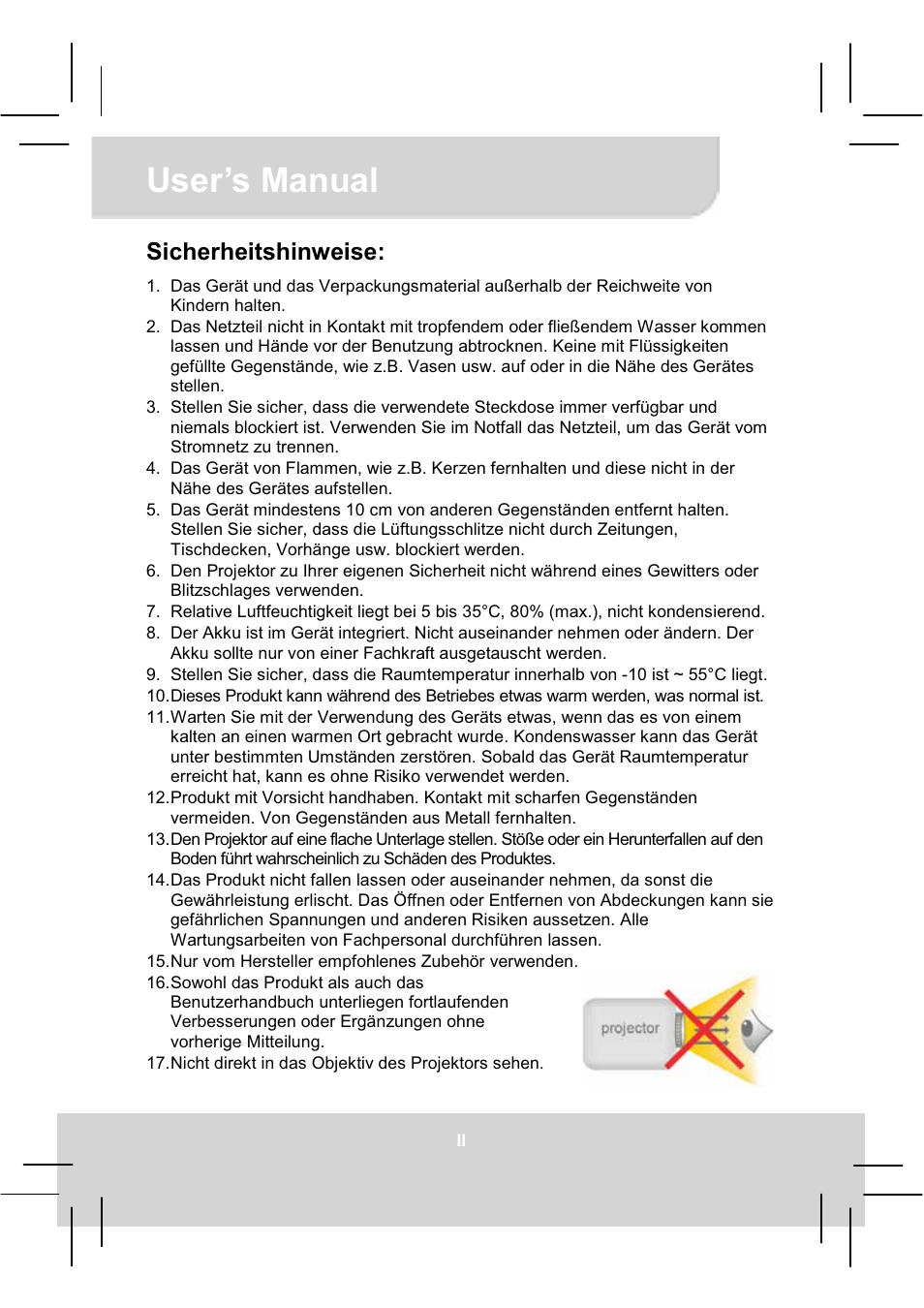 User’s manual, Sicherheitshinweise | AIPTEK MobileCinema A50P User Manual | Page 2 / 102