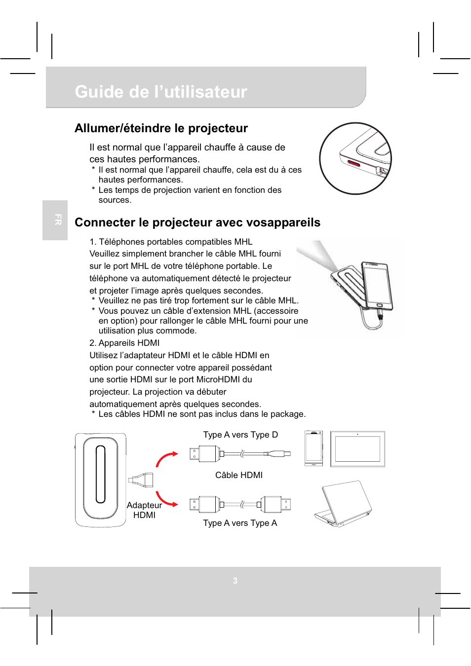 Guide de l’utilisateur, Allumer/éteindre le projecteur, Connecter le projecteur avec vosappareils | AIPTEK MobileCinema A50P User Manual | Page 25 / 102