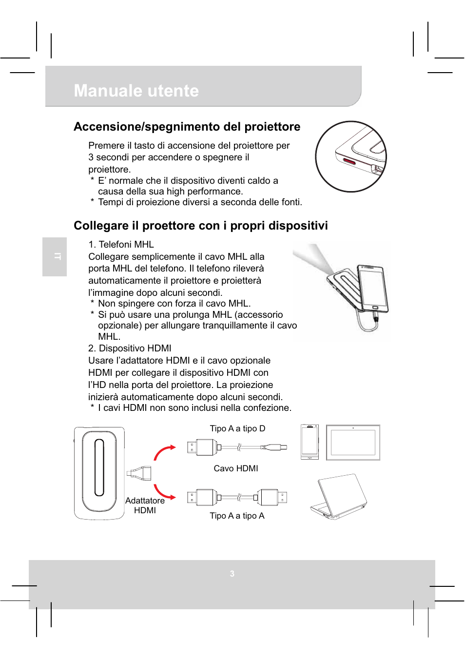 Manuale utente, Accensione/spegnimento del proiettore, Collegare il proettore con i propri dispositivi | AIPTEK MobileCinema A50P User Manual | Page 33 / 102