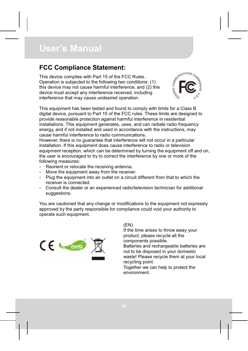 User’s manual, Fcc compliance statement | AIPTEK MobileCinema A50P User Manual | Page 4 / 102