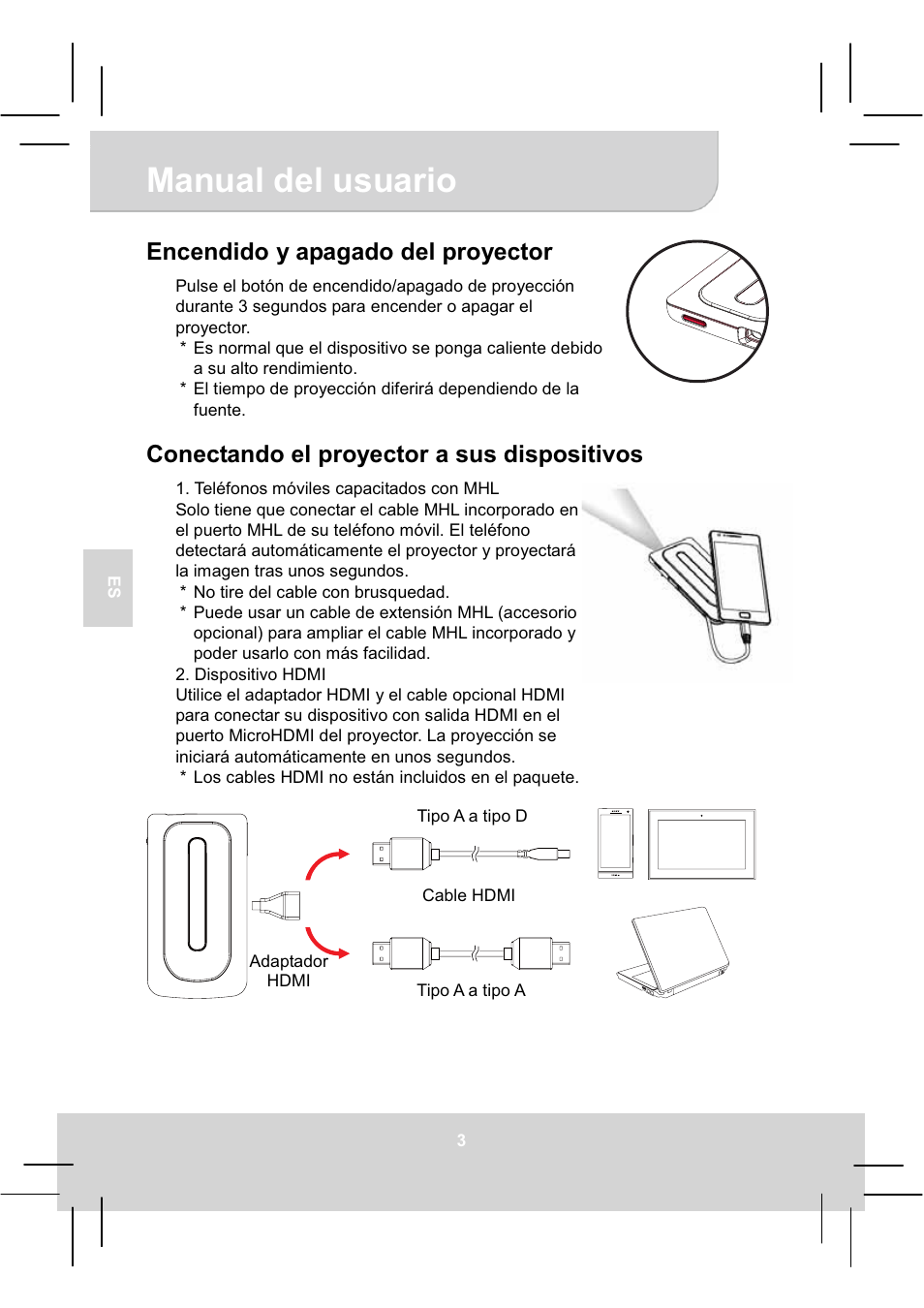 Manual del usuario, Encendido y apagado del proyector, Conectando el proyector a sus dispositivos | AIPTEK MobileCinema A50P User Manual | Page 41 / 102