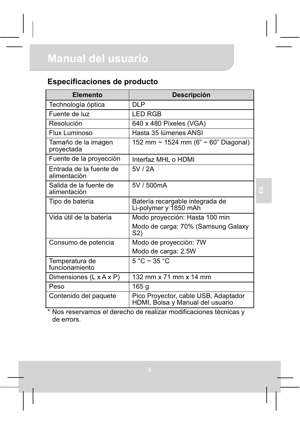 Manual del usuario | AIPTEK MobileCinema A50P User Manual | Page 44 / 102