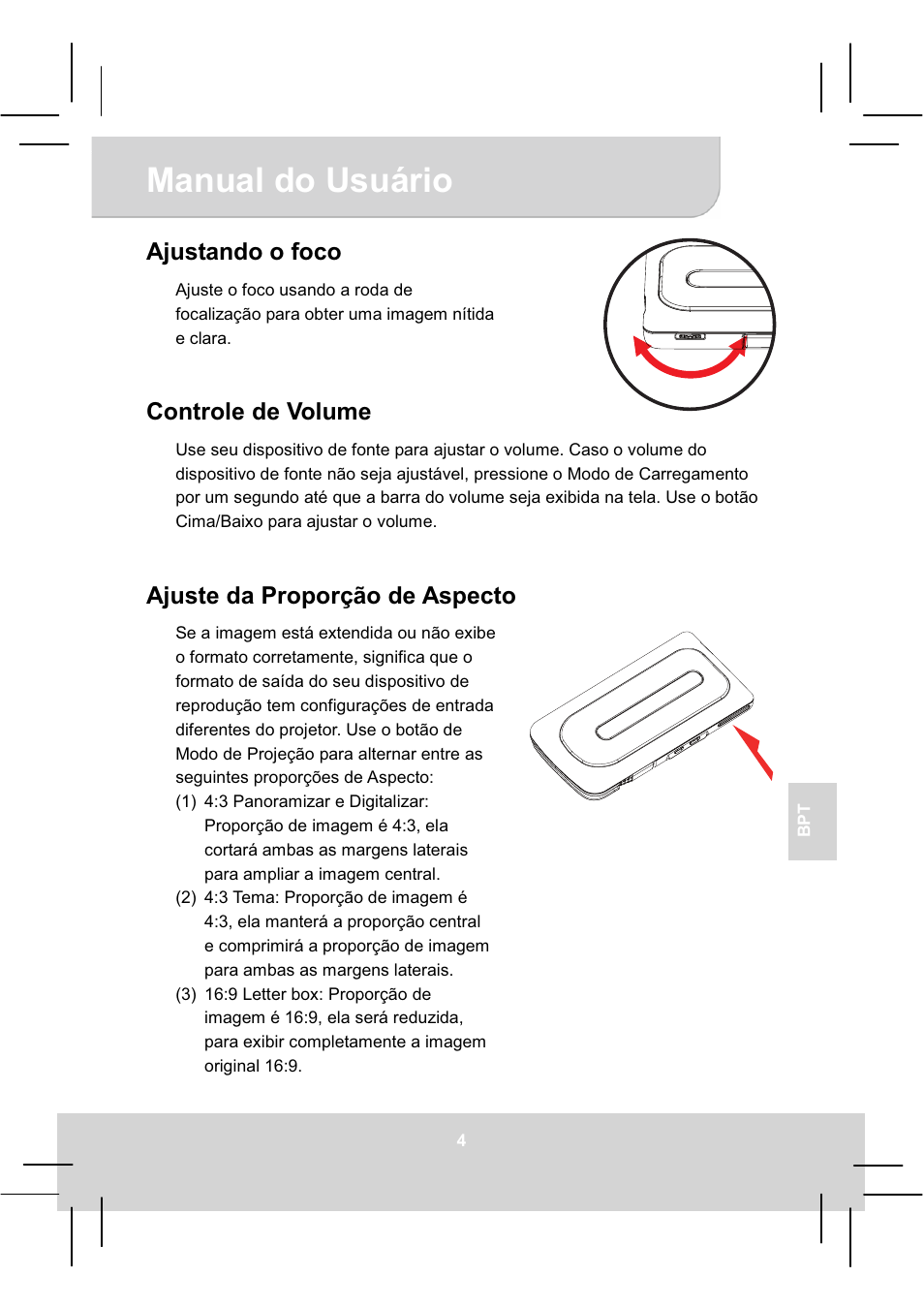 Manual do usuário, Ajustando o foco, Controle de volume | Ajuste da proporção de aspecto | AIPTEK MobileCinema A50P User Manual | Page 66 / 102
