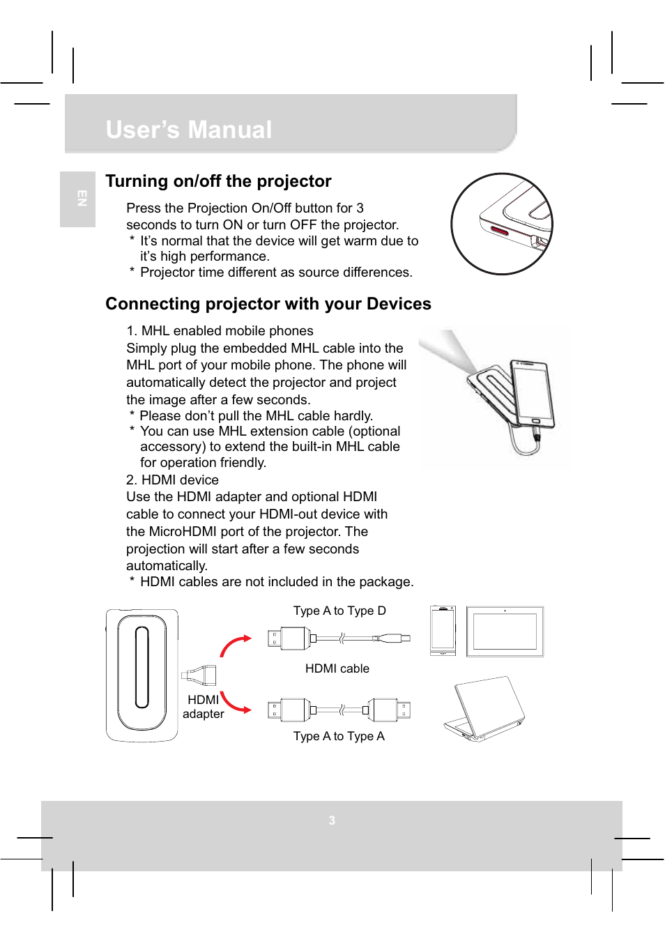 User’s manual, Turning on/off the projector, Connecting projector with your devices | AIPTEK MobileCinema A50P User Manual | Page 9 / 102