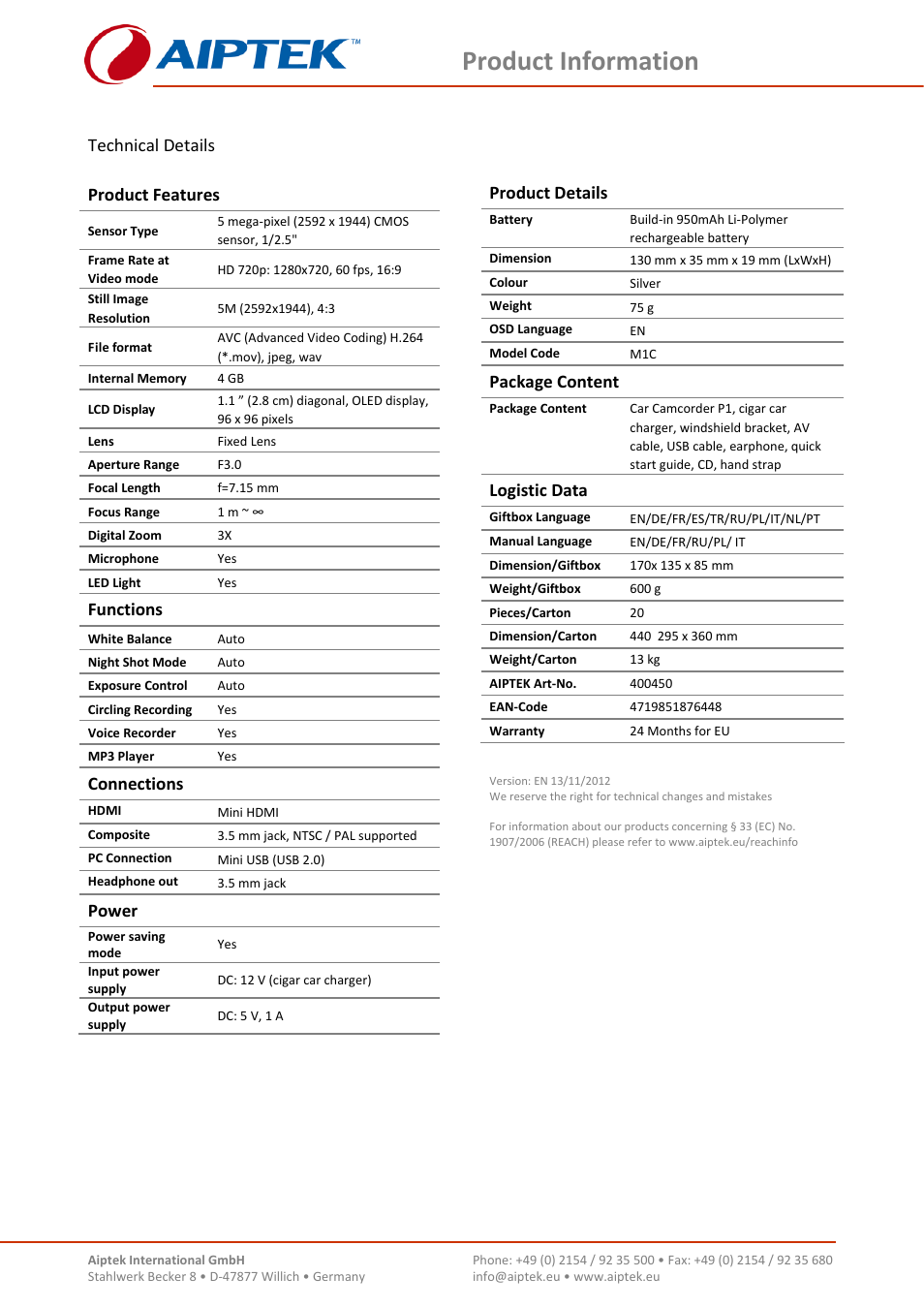 Product information, Technical details product features, Functions | Connections, Power, Product details, Package content, Logistic data | AIPTEK P1 User Manual | Page 2 / 2