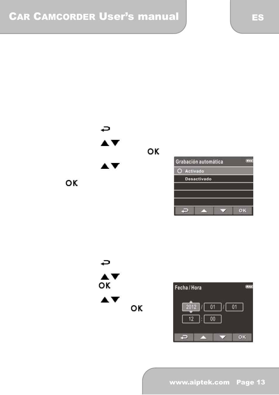 5 configuraciones iniciales, User’s manual, 1 configurar grabación automática | 2 configurar fecha y hora | AIPTEK X-mini User Manual | Page 122 / 192