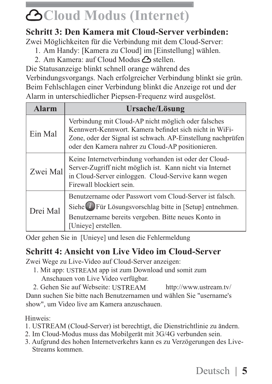 Cloud modus (internet), Deutsch | 5, Schritt 3: den kamera mit cloud-server verbinden | Schritt 4: ansicht von live video im cloud-server | AIPTEK Mobile Eyes HD User Manual | Page 15 / 45