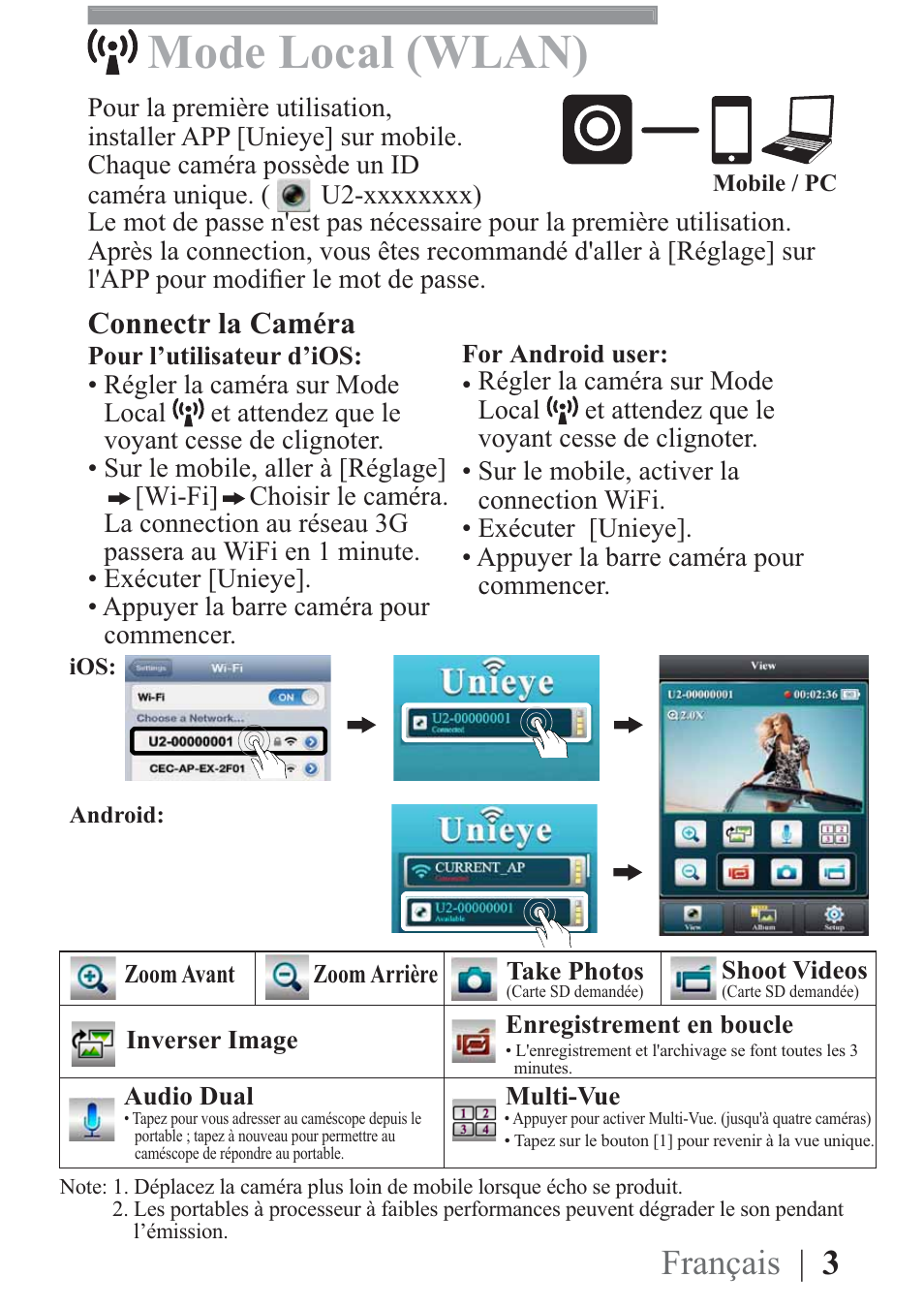 Mode local (wlan), Français | 3, Connectr la caméra | AIPTEK Mobile Eyes HD User Manual | Page 22 / 45