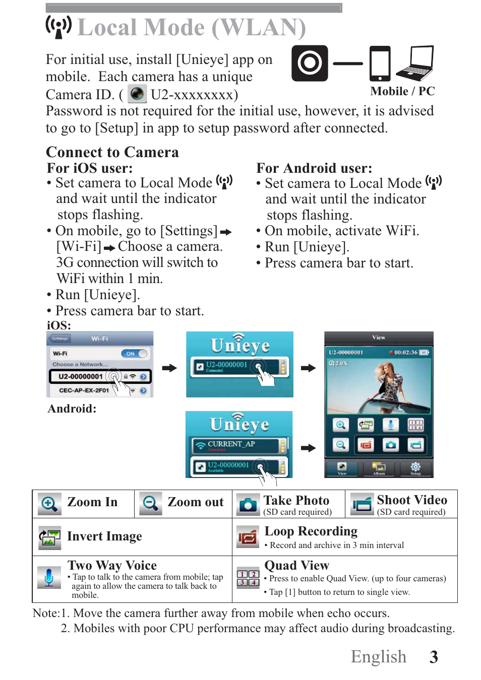 Local mode (wlan), 3 english, Connect to camera | AIPTEK Mobile Eyes HD User Manual | Page 4 / 45