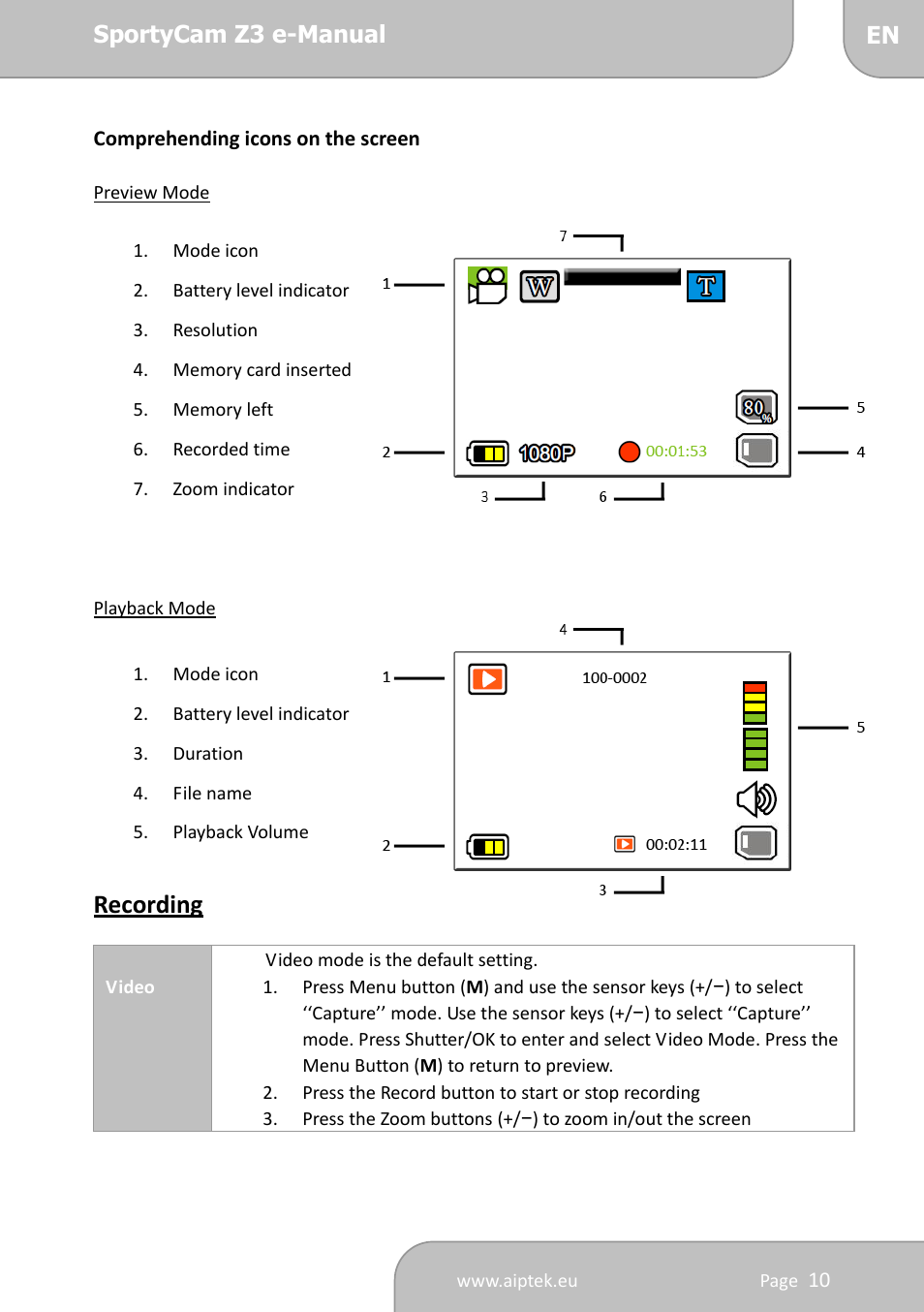Recording | AIPTEK SportyCam Z3 Manual User Manual | Page 10 / 69
