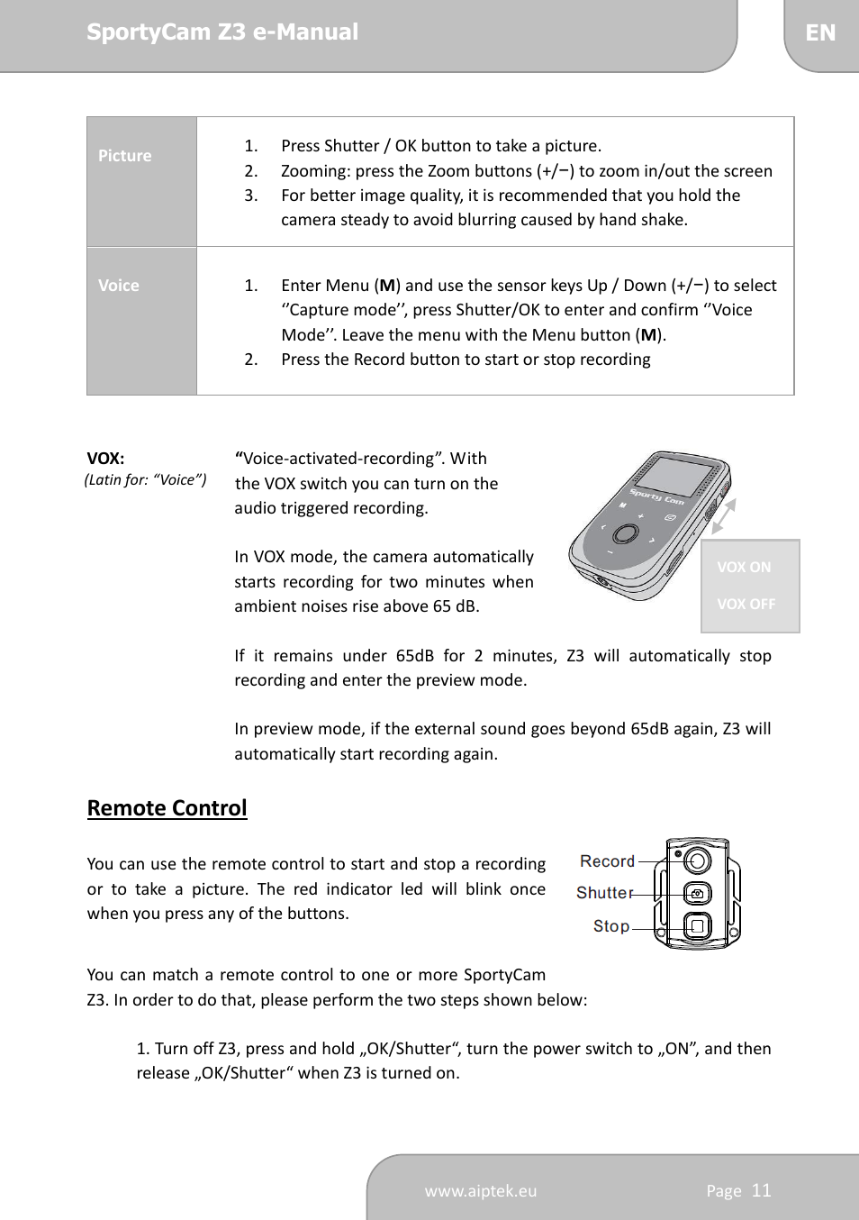 Remote control | AIPTEK SportyCam Z3 Manual User Manual | Page 11 / 69