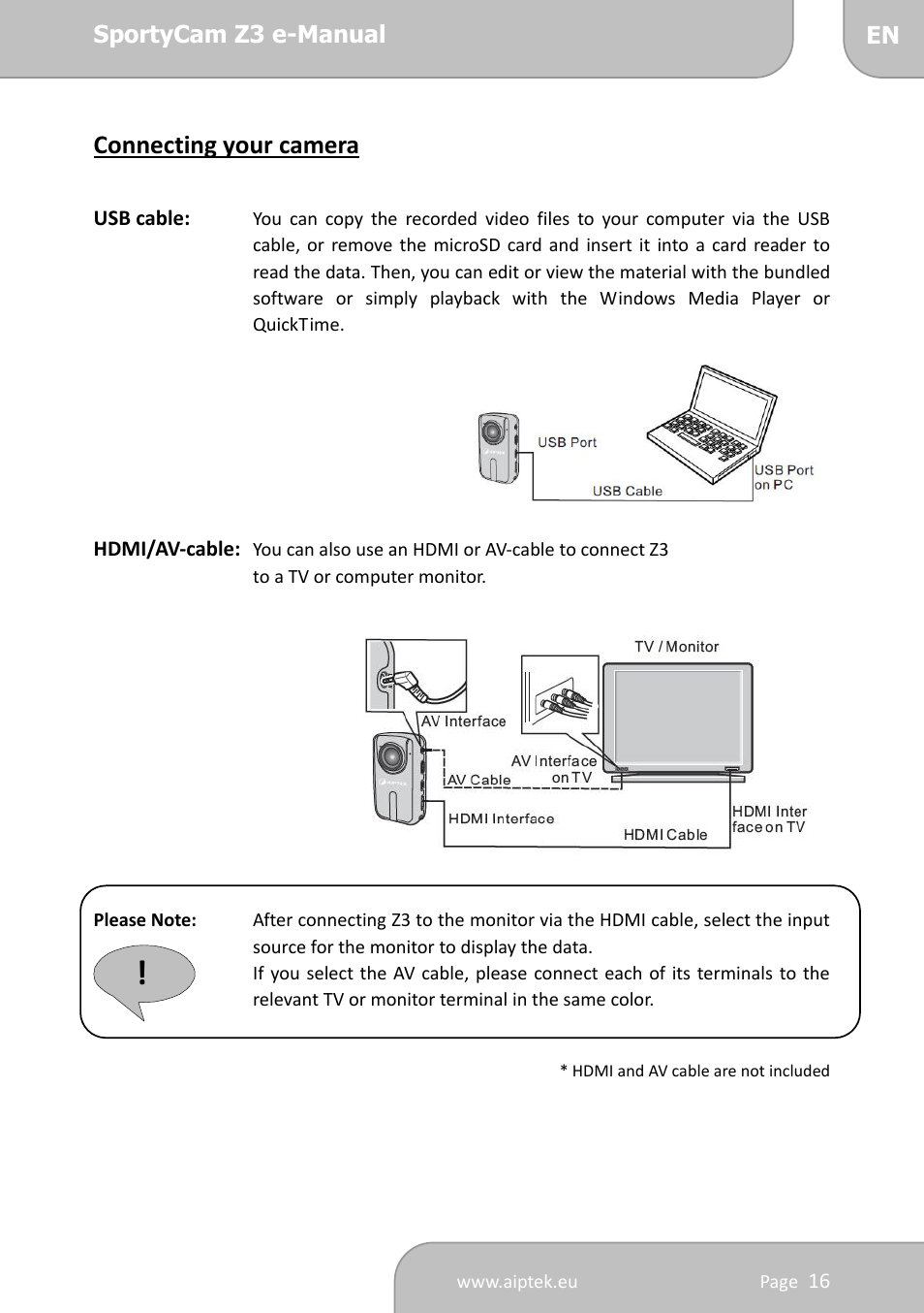 Connecting your camera | AIPTEK SportyCam Z3 Manual User Manual | Page 16 / 69