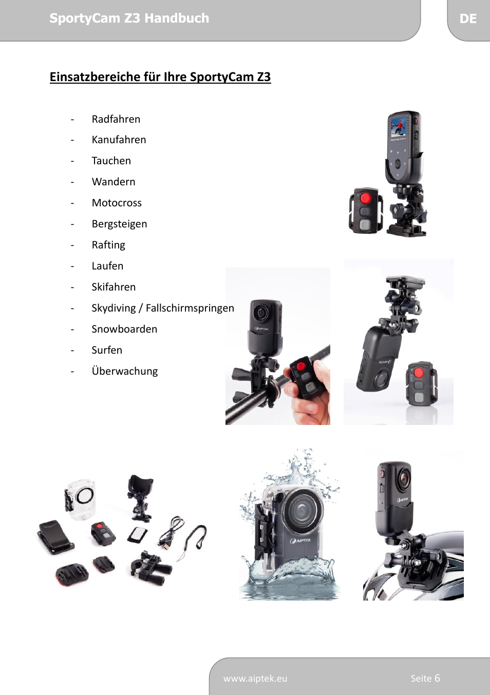 Einsatzbereiche für ihre sportycam z3 | AIPTEK SportyCam Z3 Manual User Manual | Page 23 / 69