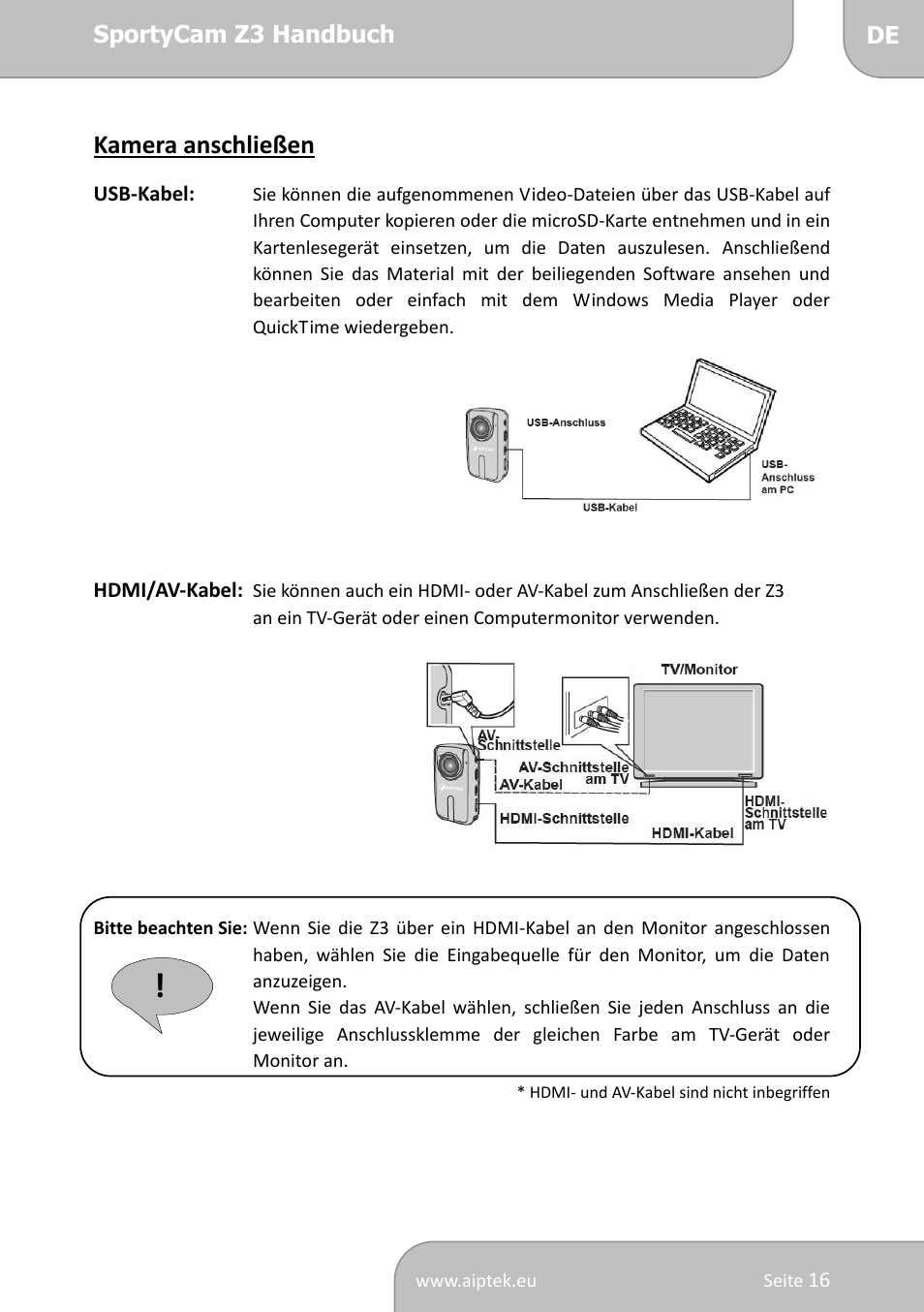 Kamera anschließen | AIPTEK SportyCam Z3 Manual User Manual | Page 33 / 69