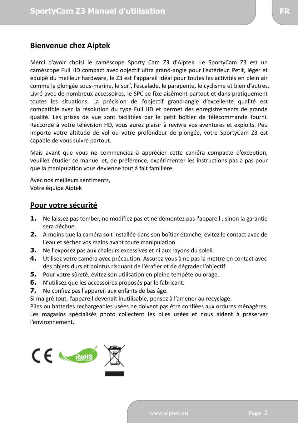 Bienvenue chez aiptek, Pour votre sécurité | AIPTEK SportyCam Z3 Manual User Manual | Page 36 / 69