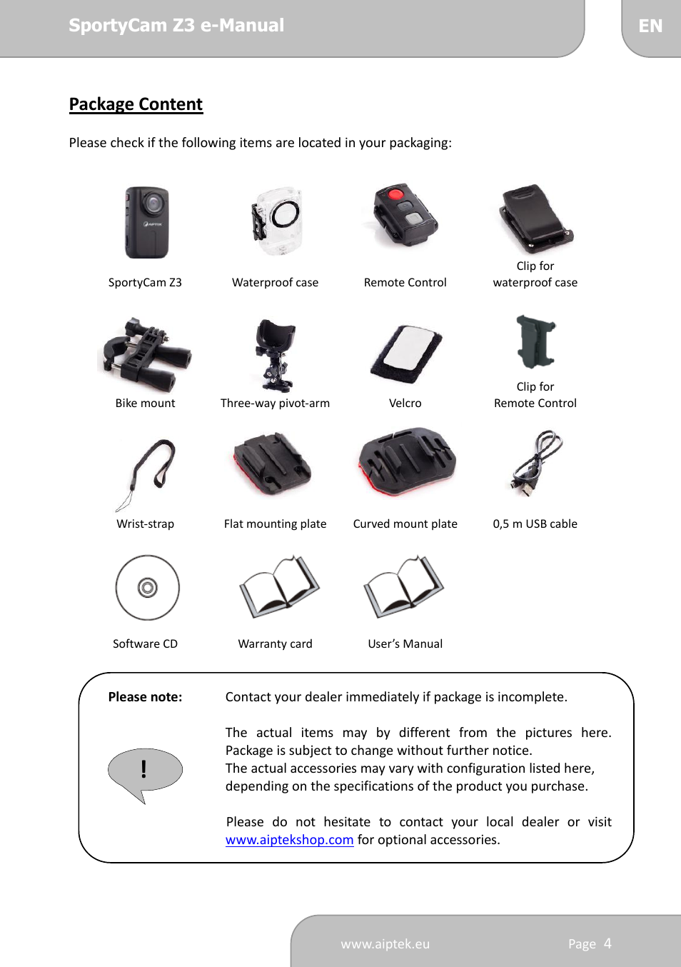 Package content | AIPTEK SportyCam Z3 Manual User Manual | Page 4 / 69